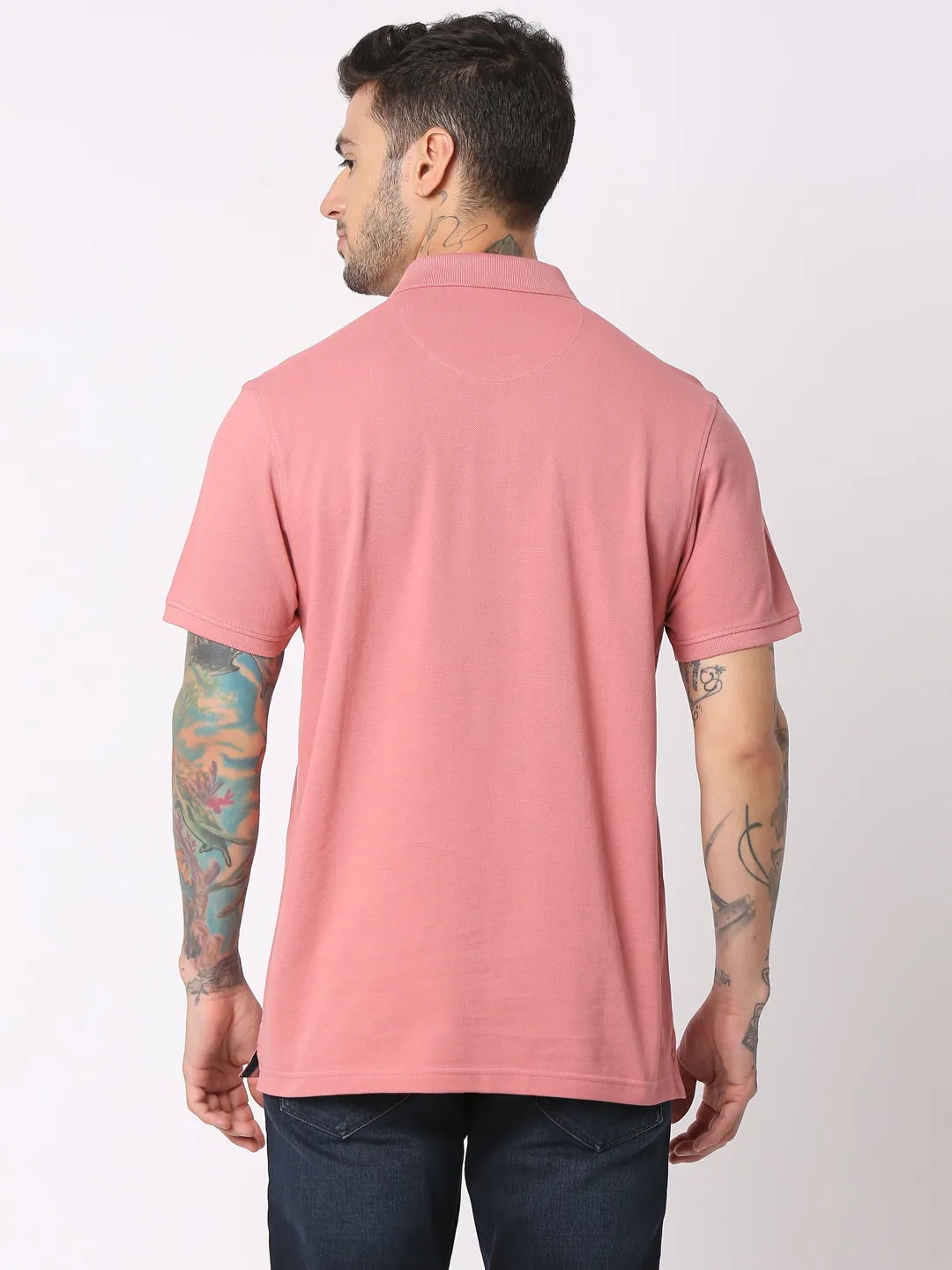 Spykar Men Dusty Pink Cotton Regular Fit Polo Plain T-Shirt