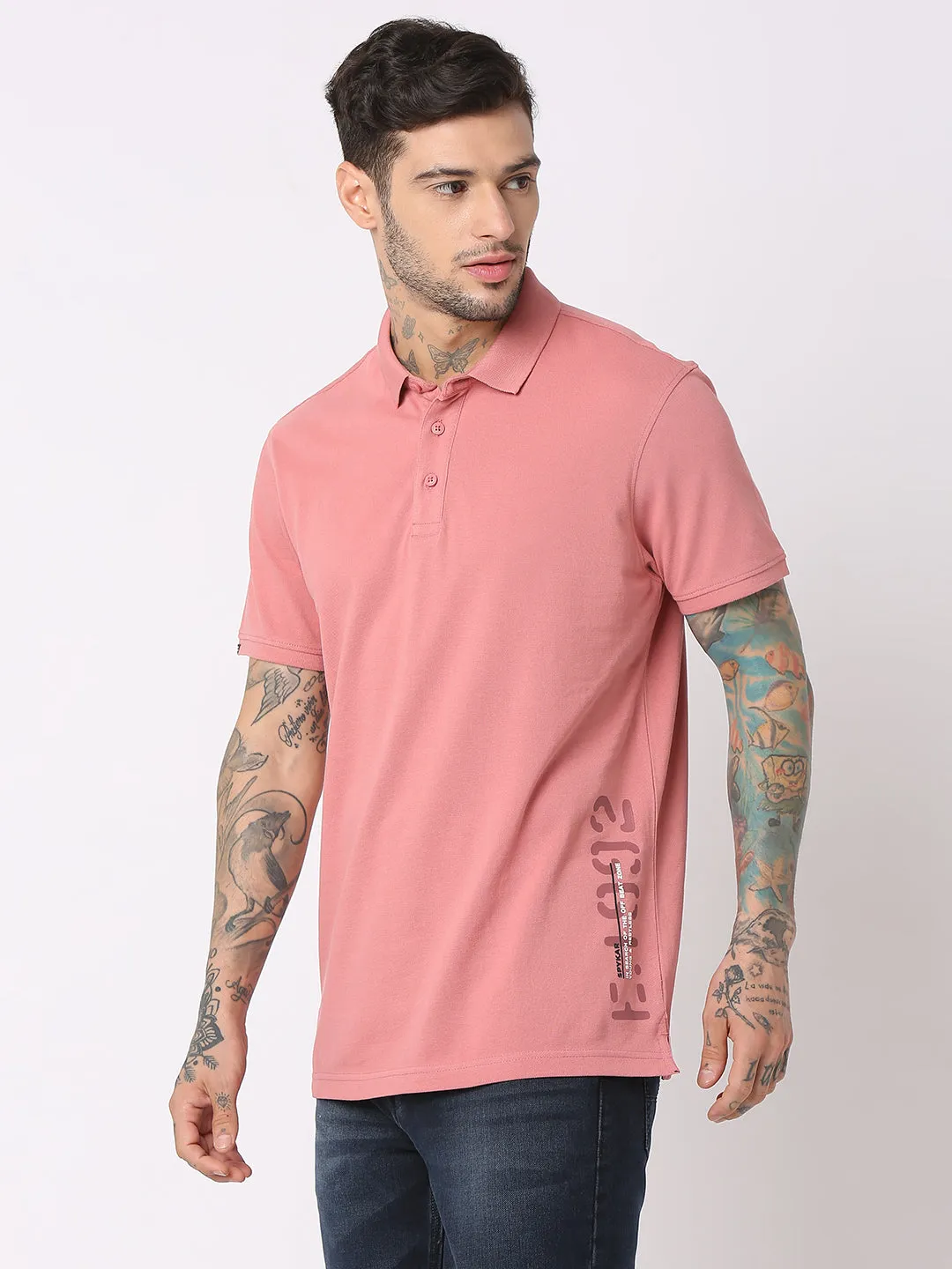 Spykar Men Dusty Pink Cotton Regular Fit Polo Plain T-Shirt