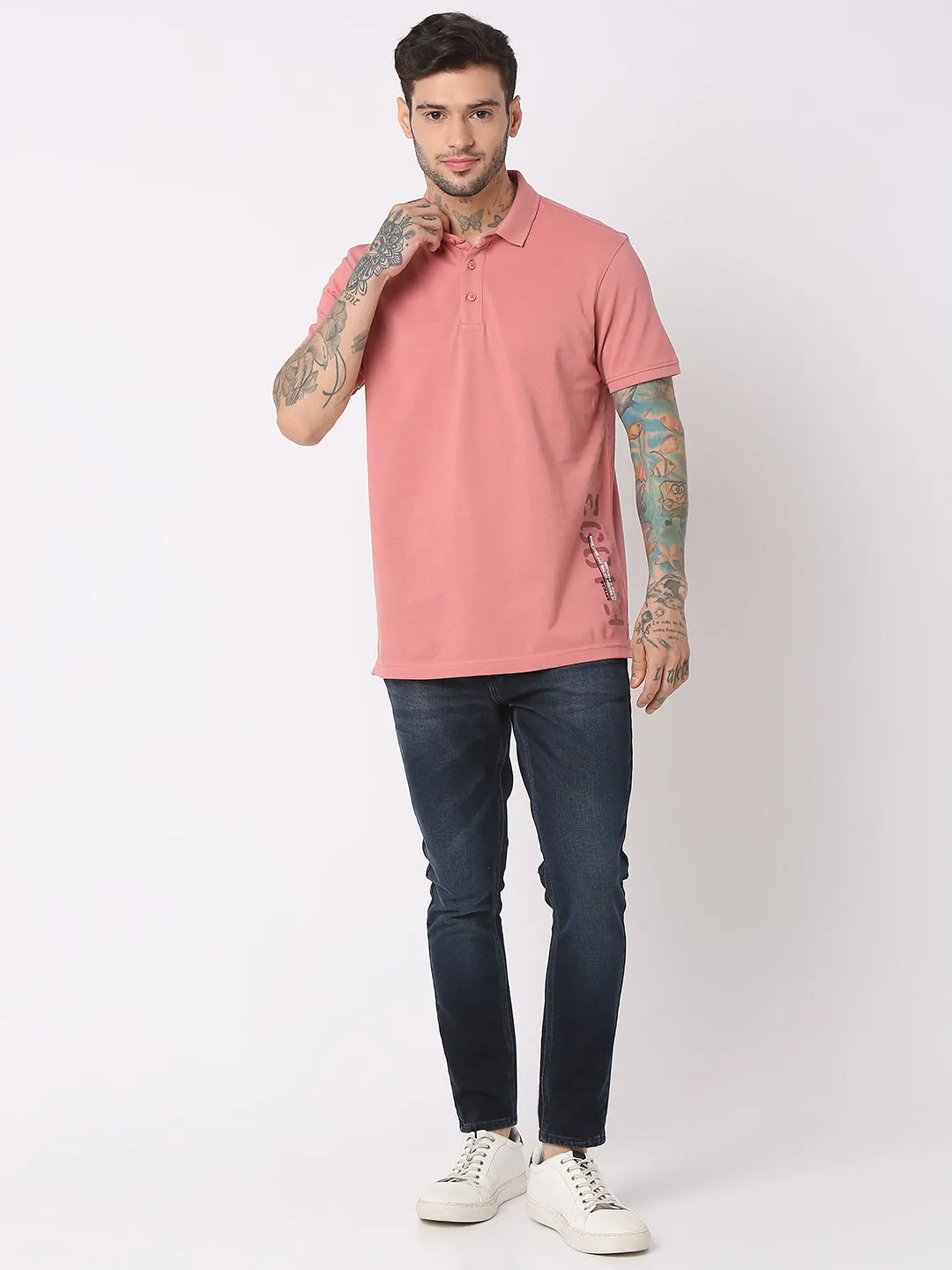 Spykar Men Dusty Pink Cotton Regular Fit Polo Plain T-Shirt