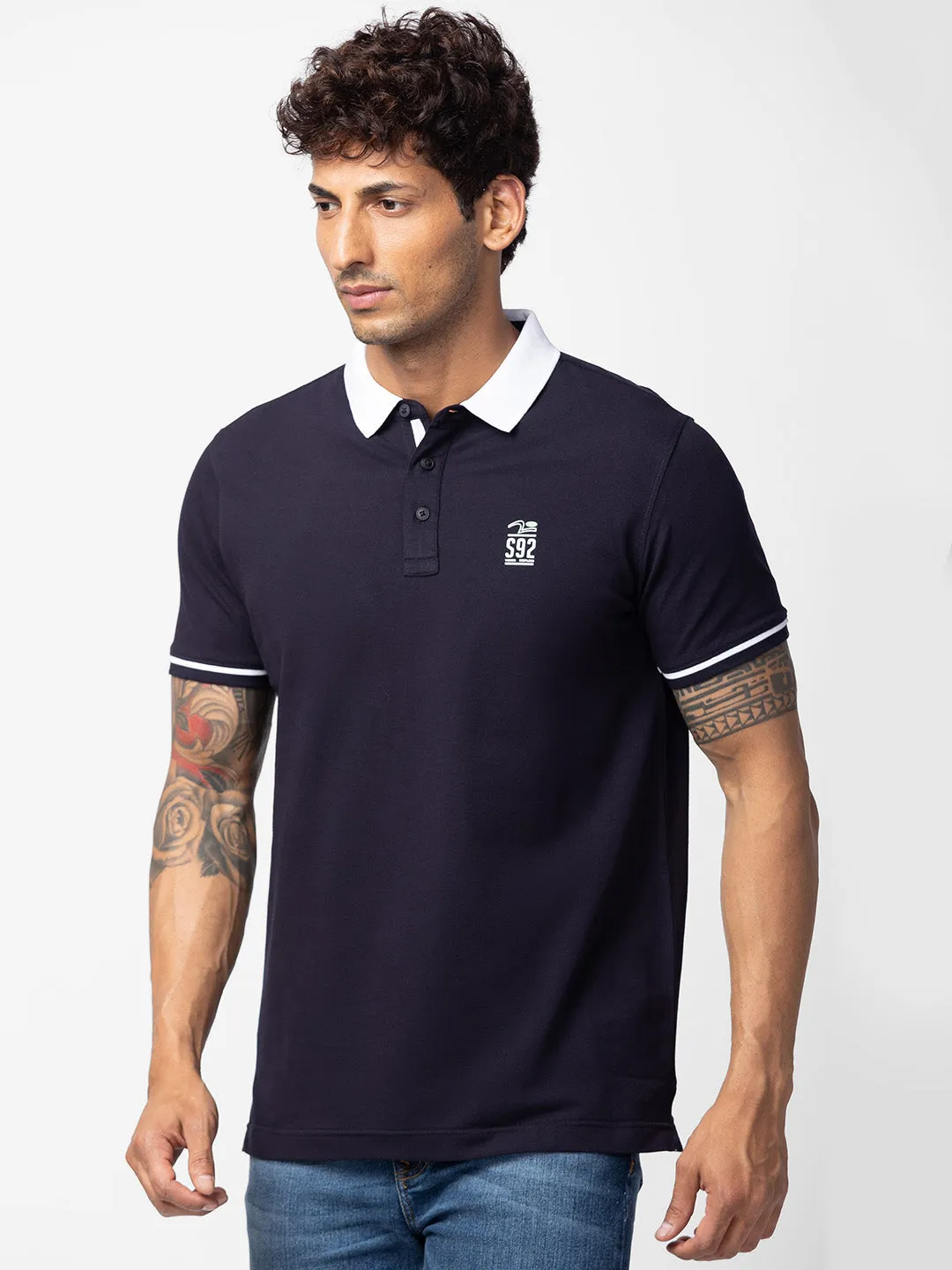 Spykar Men Navy Blue Cotton Regular Fit Half Sleeve Plain Polo T-Shirt