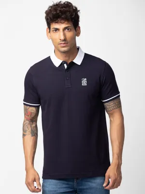 Spykar Men Navy Blue Cotton Regular Fit Half Sleeve Plain Polo T-Shirt