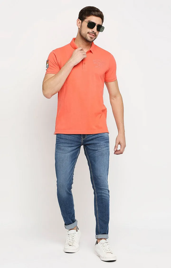 Spykar Men Orange Cotton Regular Polo T-Shirt