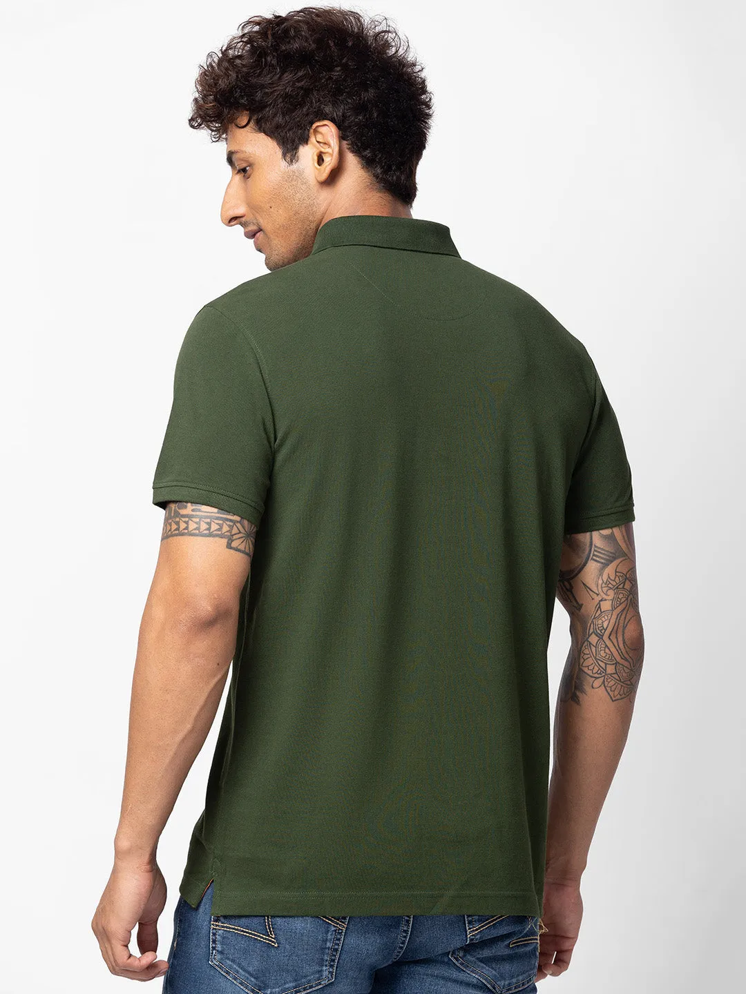 Spykar Men Rifle Green Cotton Regular Fit Half Sleeve Plain Polo T-Shirt