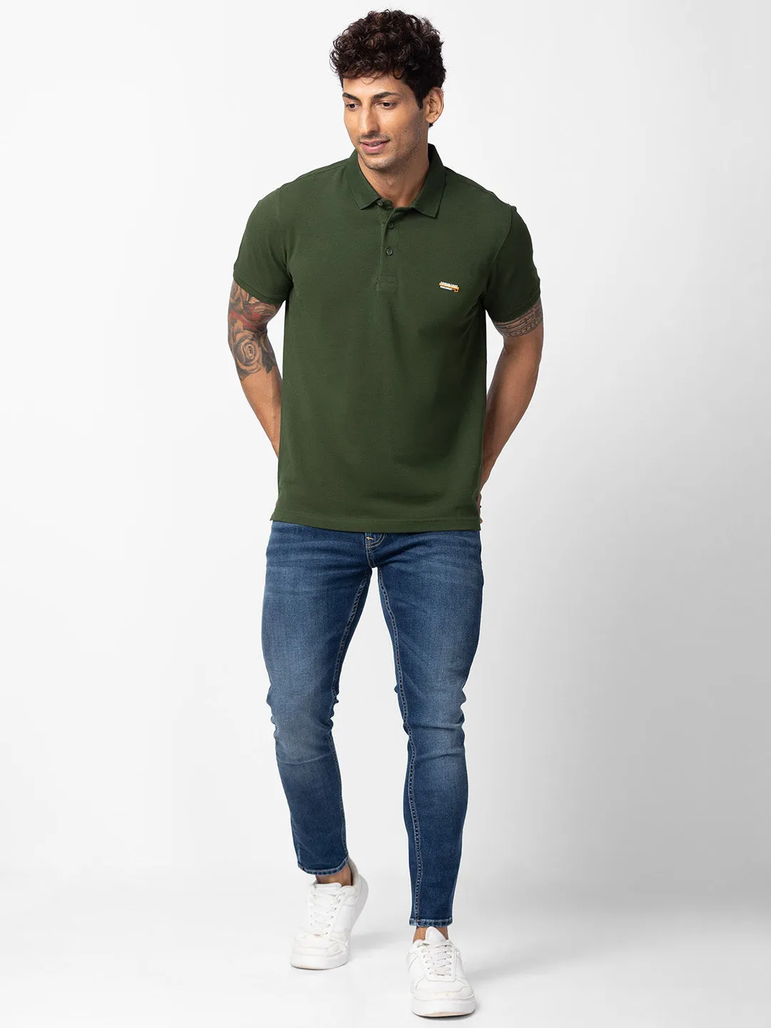 Spykar Men Rifle Green Cotton Regular Fit Half Sleeve Plain Polo T-Shirt