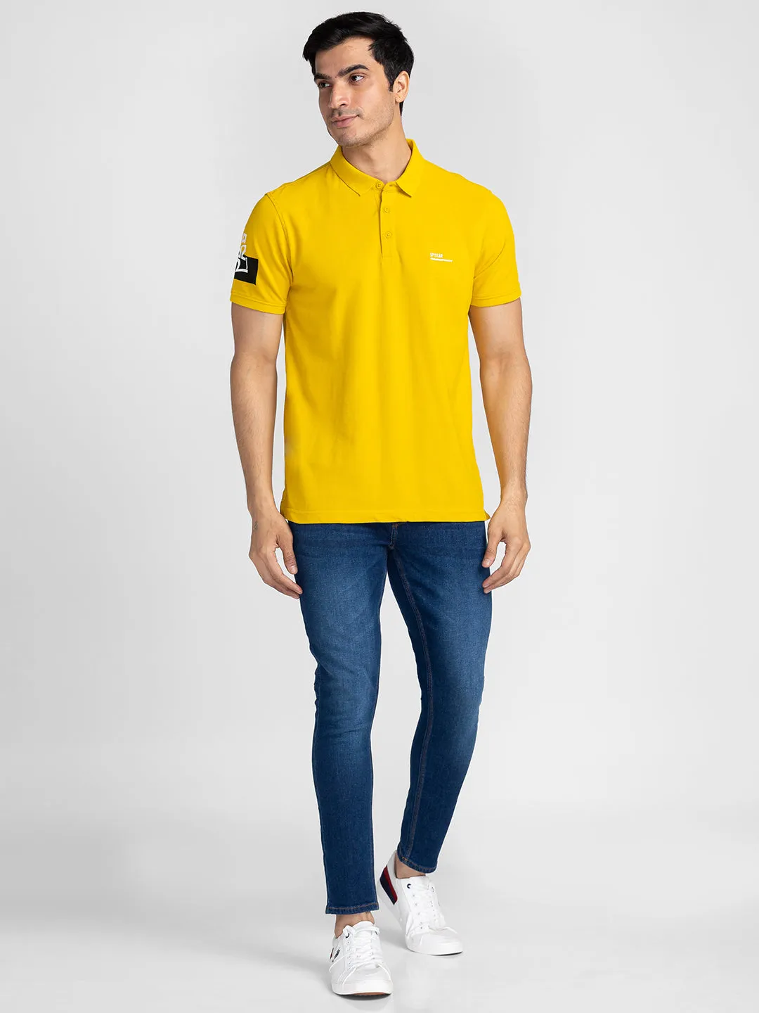 Spykar Men Sulphur Yellow Cotton Slim Fit Polo Plain T-Shirt