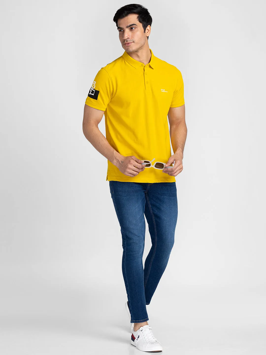 Spykar Men Sulphur Yellow Cotton Slim Fit Polo Plain T-Shirt