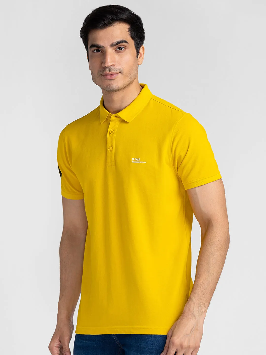 Spykar Men Sulphur Yellow Cotton Slim Fit Polo Plain T-Shirt