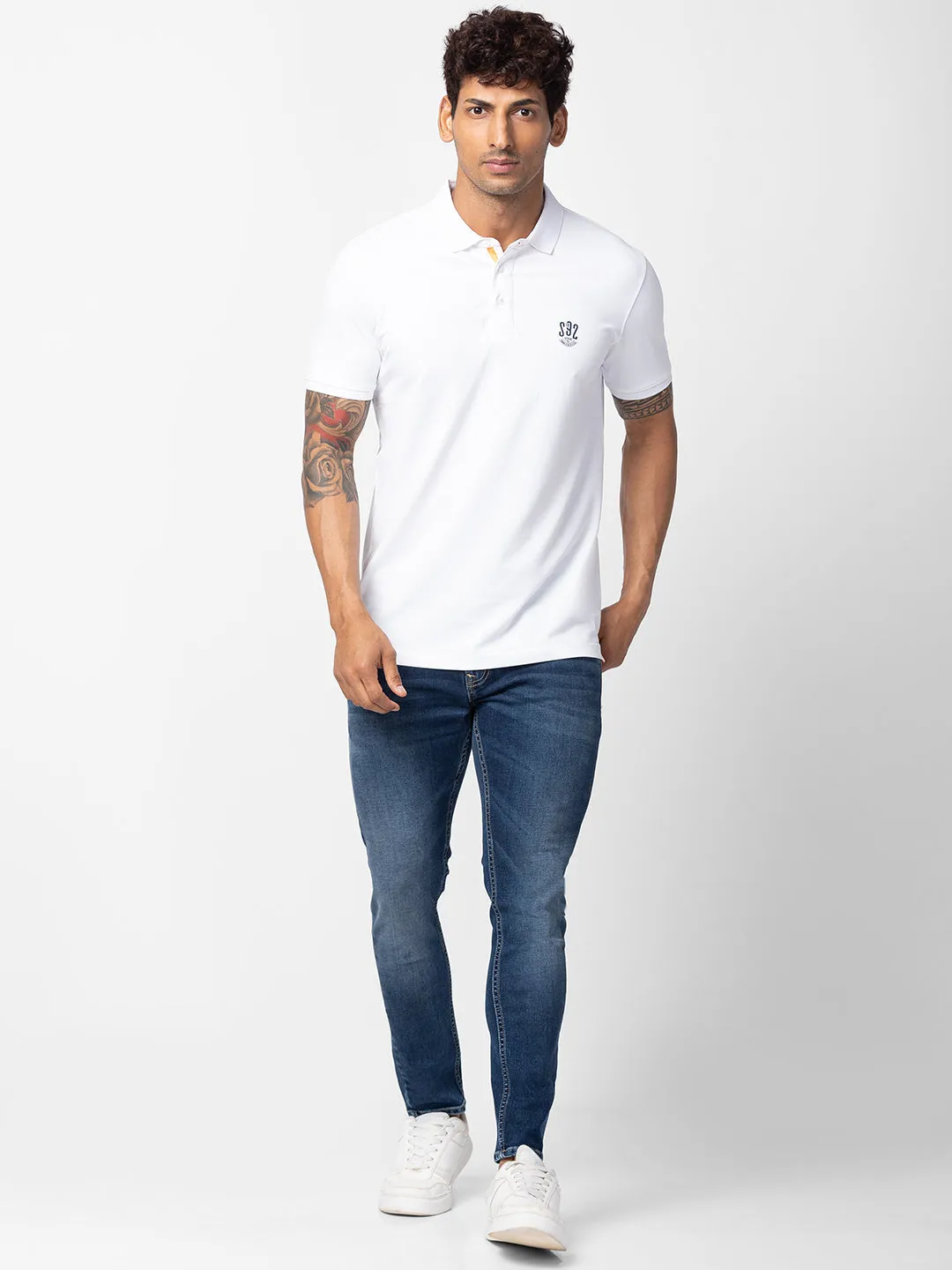 Spykar Men White Cotton Regular Fit Half Sleeve Plain Polo T-Shirt