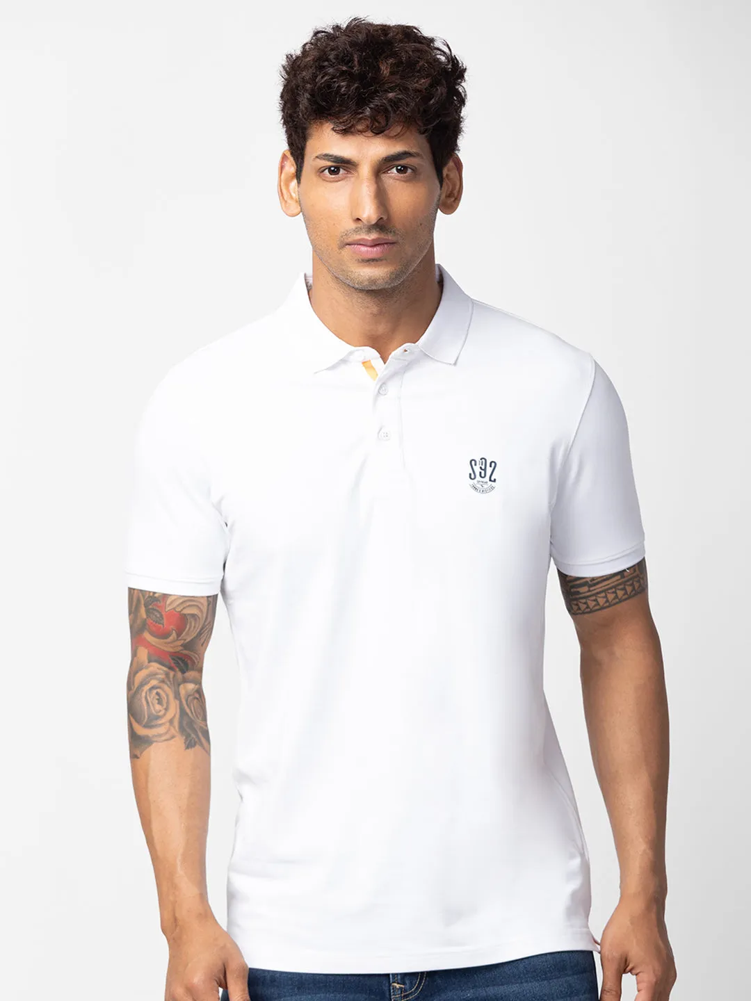 Spykar Men White Cotton Regular Fit Half Sleeve Plain Polo T-Shirt