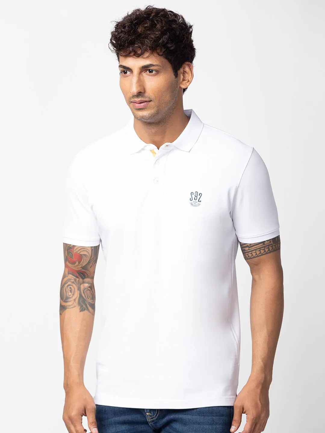 Spykar Men White Cotton Regular Fit Half Sleeve Plain Polo T-Shirt