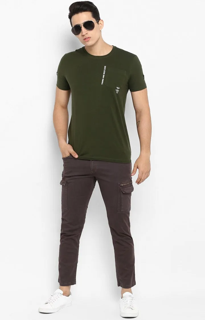 Spykar Olive Green Solid Slim Fit Men T-Shirts