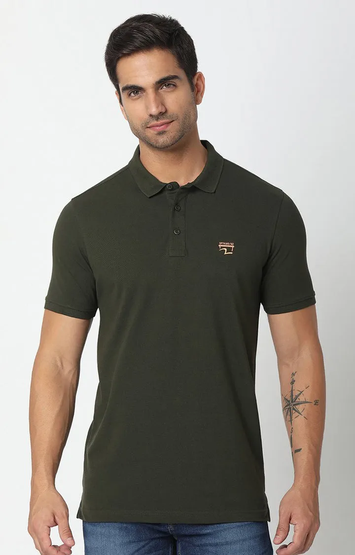 Spykar Rifle Green Cotton Half Sleeve Plain Polo T-Shirt For Men