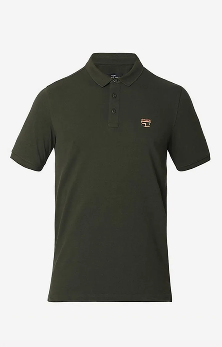 Spykar Rifle Green Cotton Half Sleeve Plain Polo T-Shirt For Men