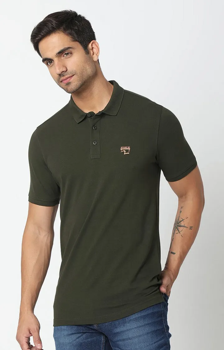 Spykar Rifle Green Cotton Half Sleeve Plain Polo T-Shirt For Men