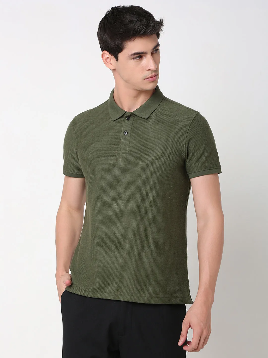 Spykar Slim Fit Solid Polo Collar Green T-Shirt For Men