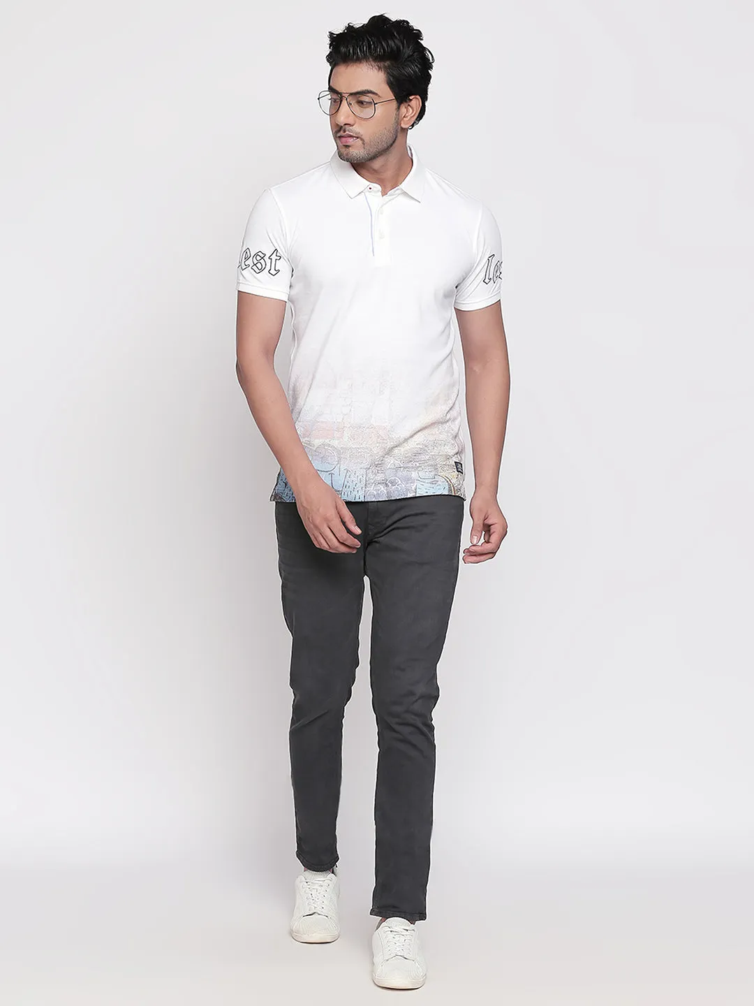 Spykar White Printed Slim Fit Polo Tshirt For Men