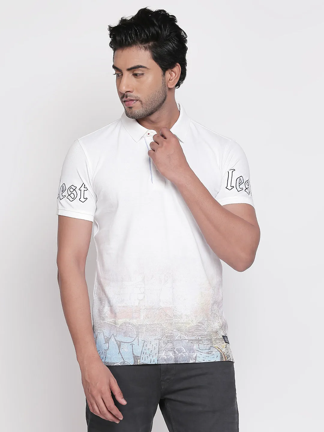 Spykar White Printed Slim Fit Polo Tshirt For Men