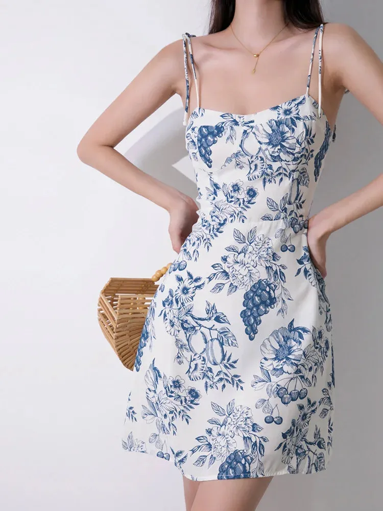 Suspender Holiday Style Waisted Floral Strappy Fit High Slim Printed Dress