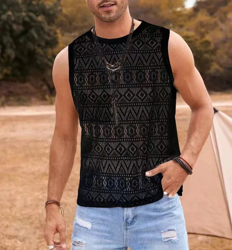 Wiaofellas  -  Sexy Men Tank Top Lace Hollow Out Sleeveless Teres Shirts Summer New Mens Clothing Slim Fit Gym Clothes Workout Solid Color Vest