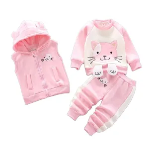 Winter Cold Children Set Boy Girl Thicken Plush Warm 2024New Cartoon Bear Vest Top Pant 3Pcs for Kids Clothes Baby Clothing Set