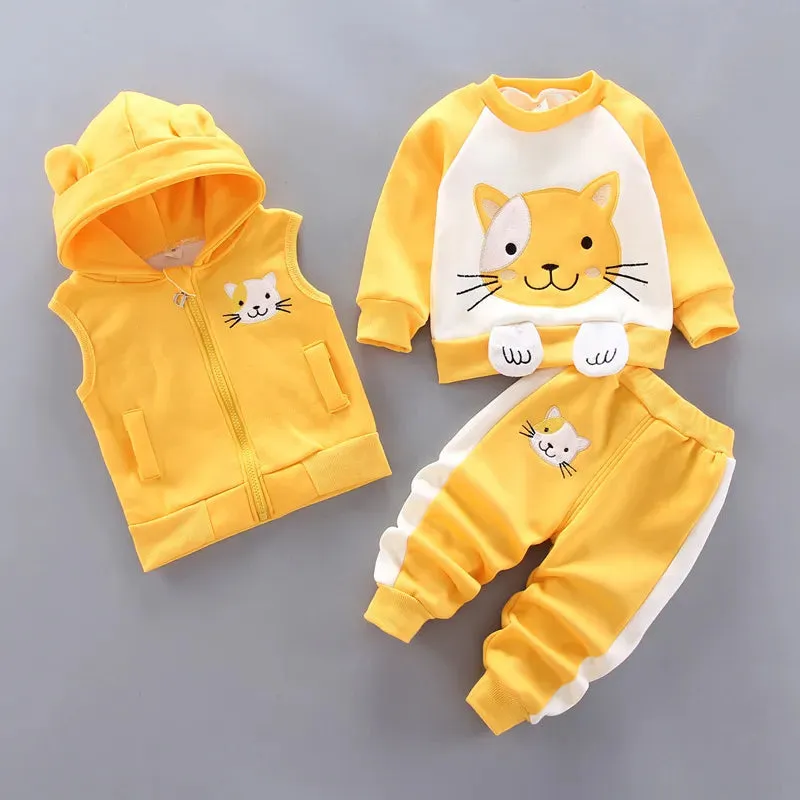 Winter Cold Children Set Boy Girl Thicken Plush Warm 2024New Cartoon Bear Vest Top Pant 3Pcs for Kids Clothes Baby Clothing Set