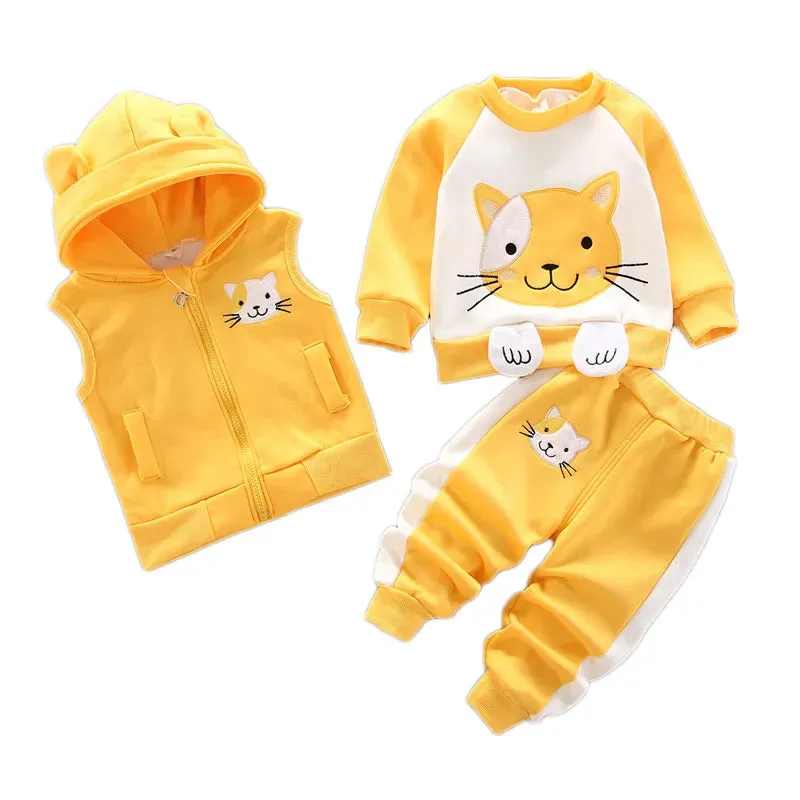 Winter Cold Children Set Boy Girl Thicken Plush Warm 2024New Cartoon Bear Vest Top Pant 3Pcs for Kids Clothes Baby Clothing Set