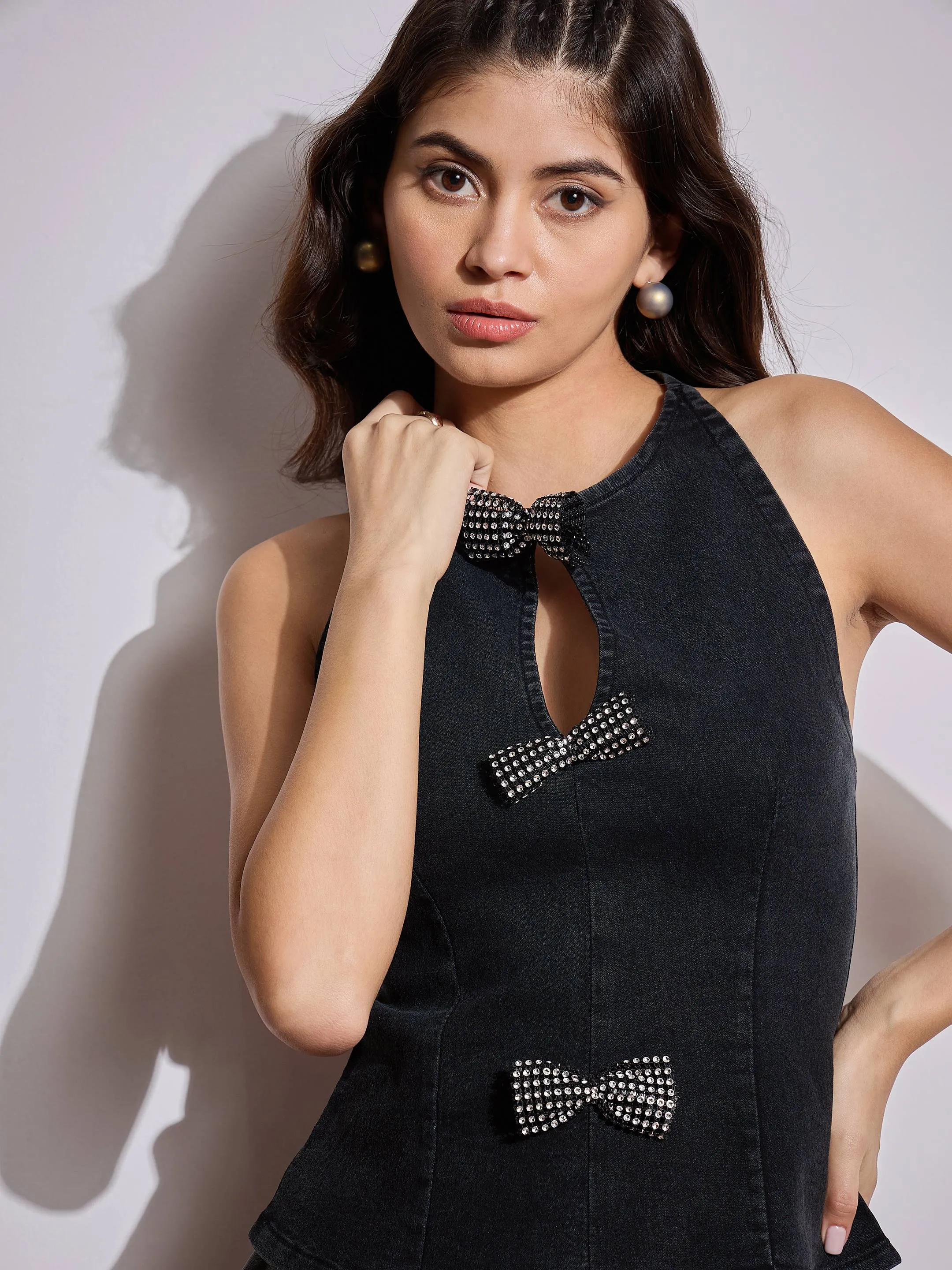 Women Black Denim Halter Neck Top