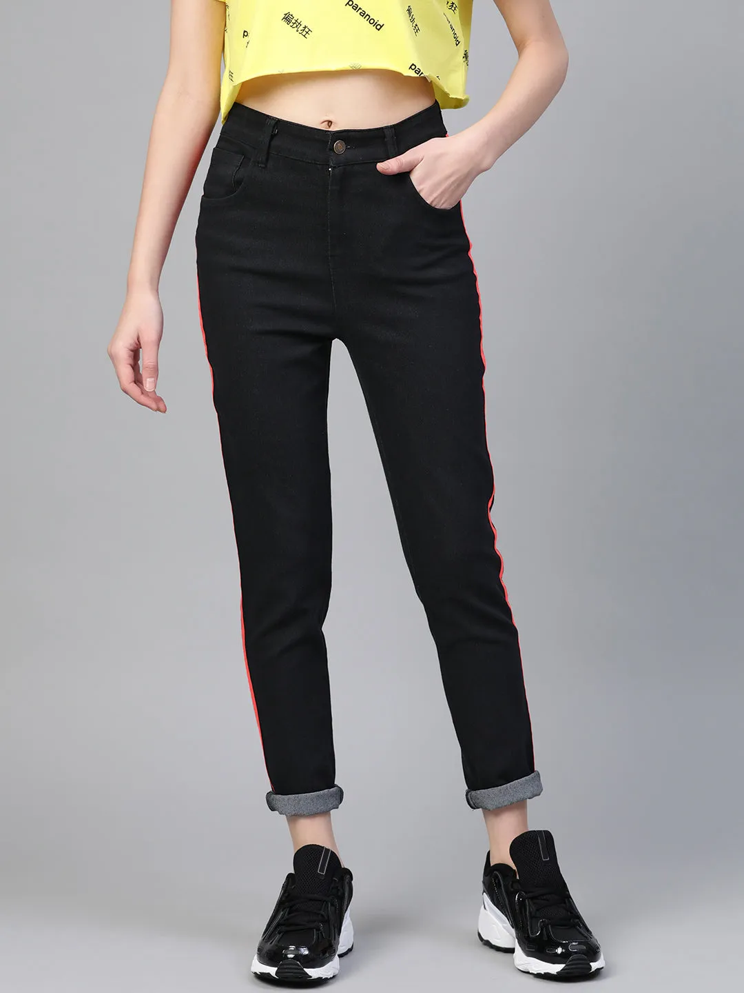 Women Black Side Tape Jeans