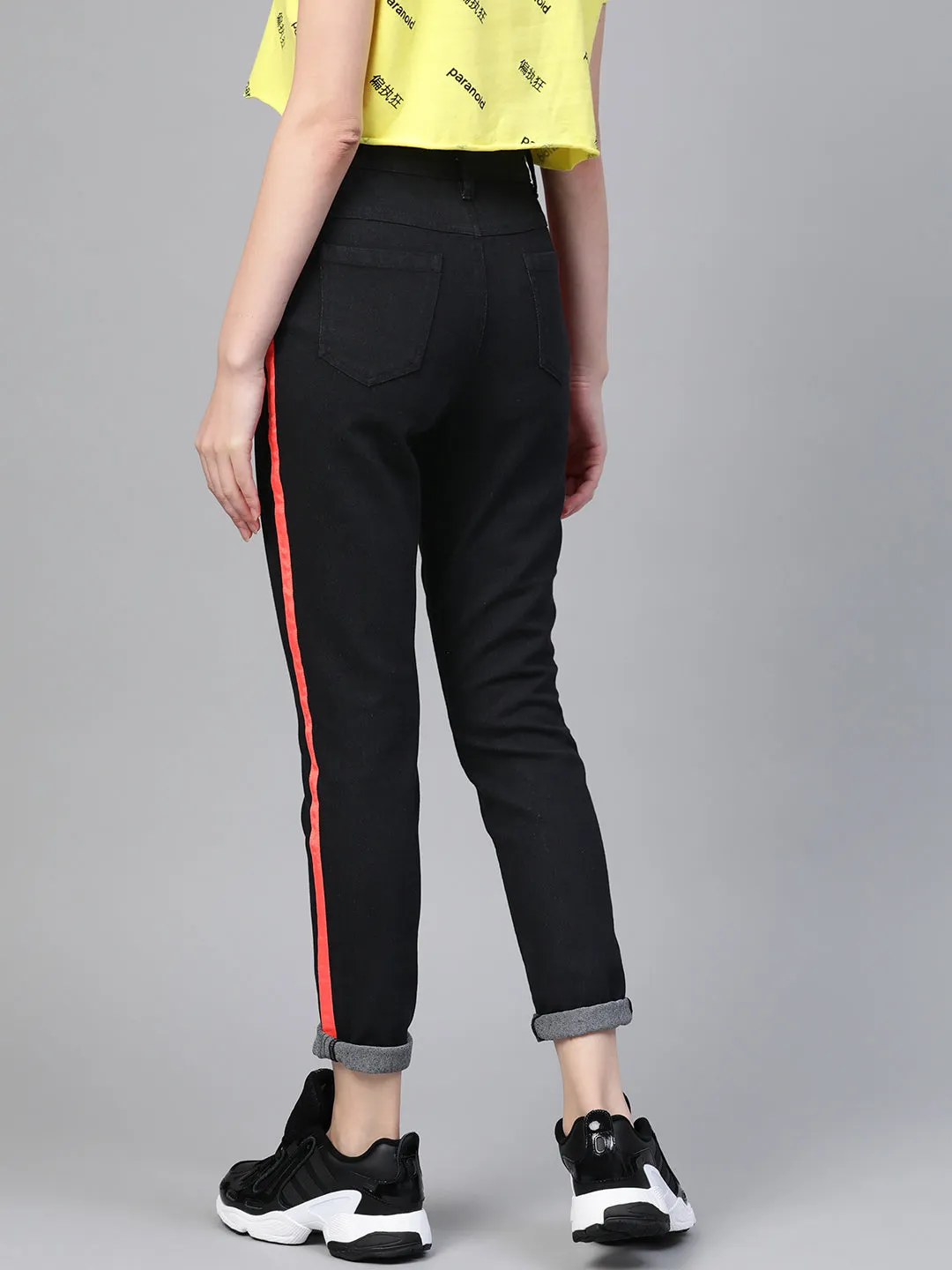 Women Black Side Tape Jeans