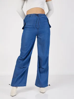 Women Blue Denim Baggy Fit Cargo Pants