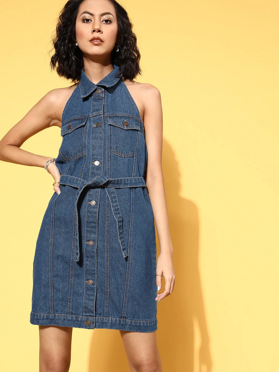 Women Blue Halter Collar Neck Denim Dress