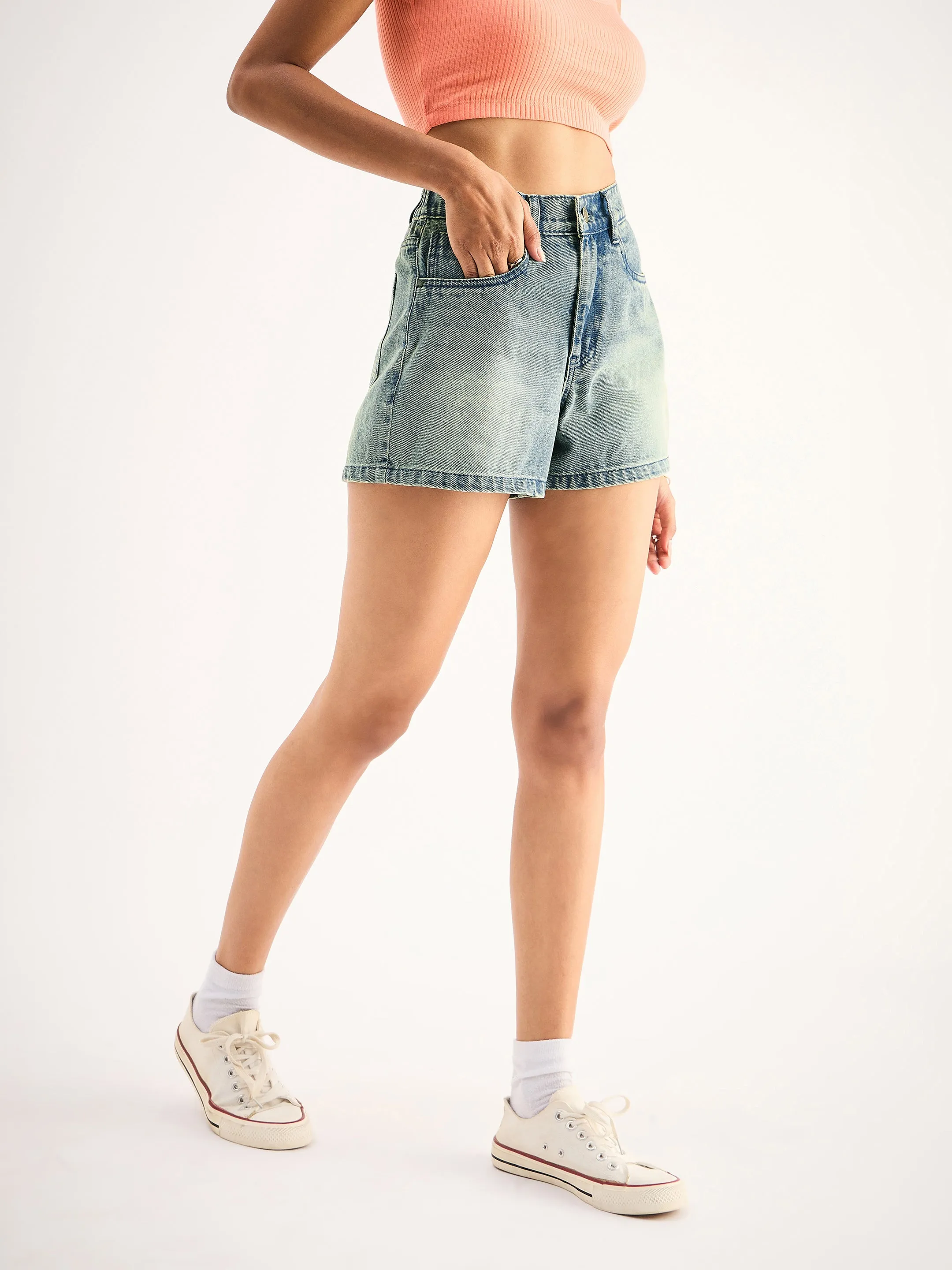 Women Blue Wash Denim Shorts