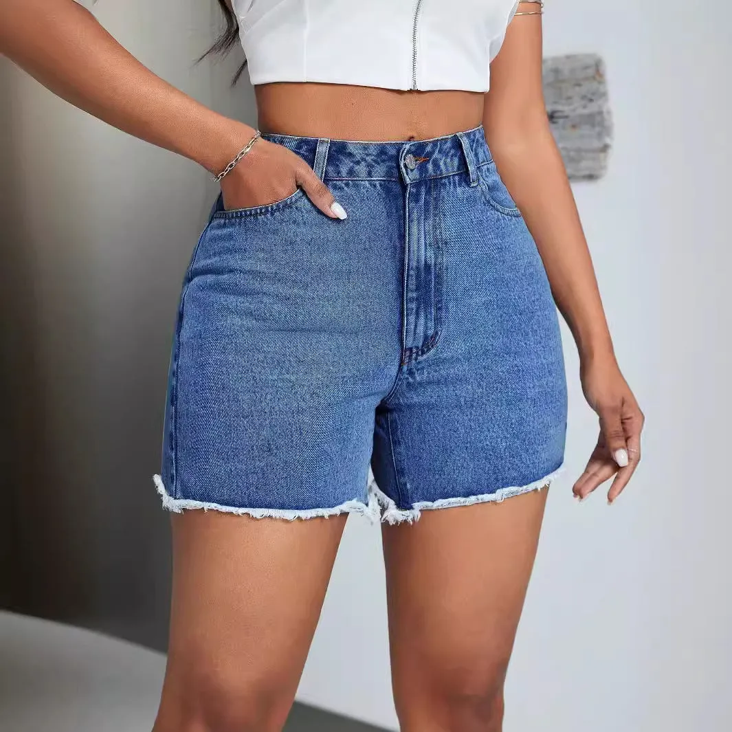 Women Clothing High Waist Loose Slimming Raw Edge Denim Shorts