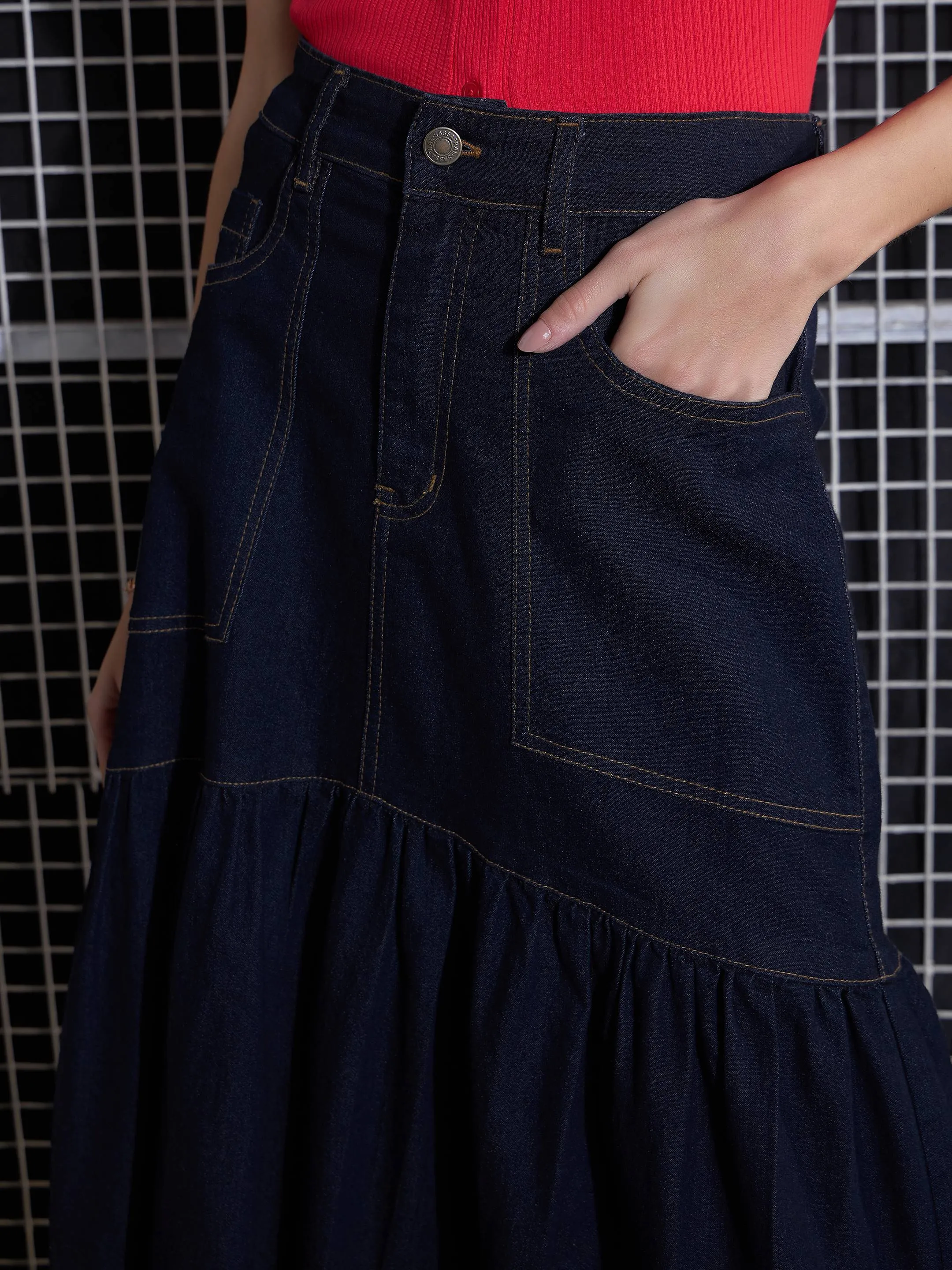 Women Navy Blast Denim Flared Midi Skirt