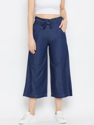 Women Navy Blue Belted Denim Trouser