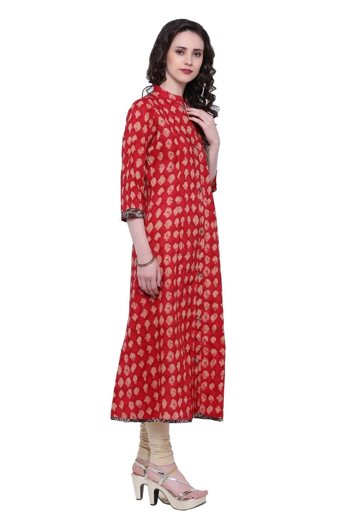 Women'S Red A-Line Cotton Long Kurta